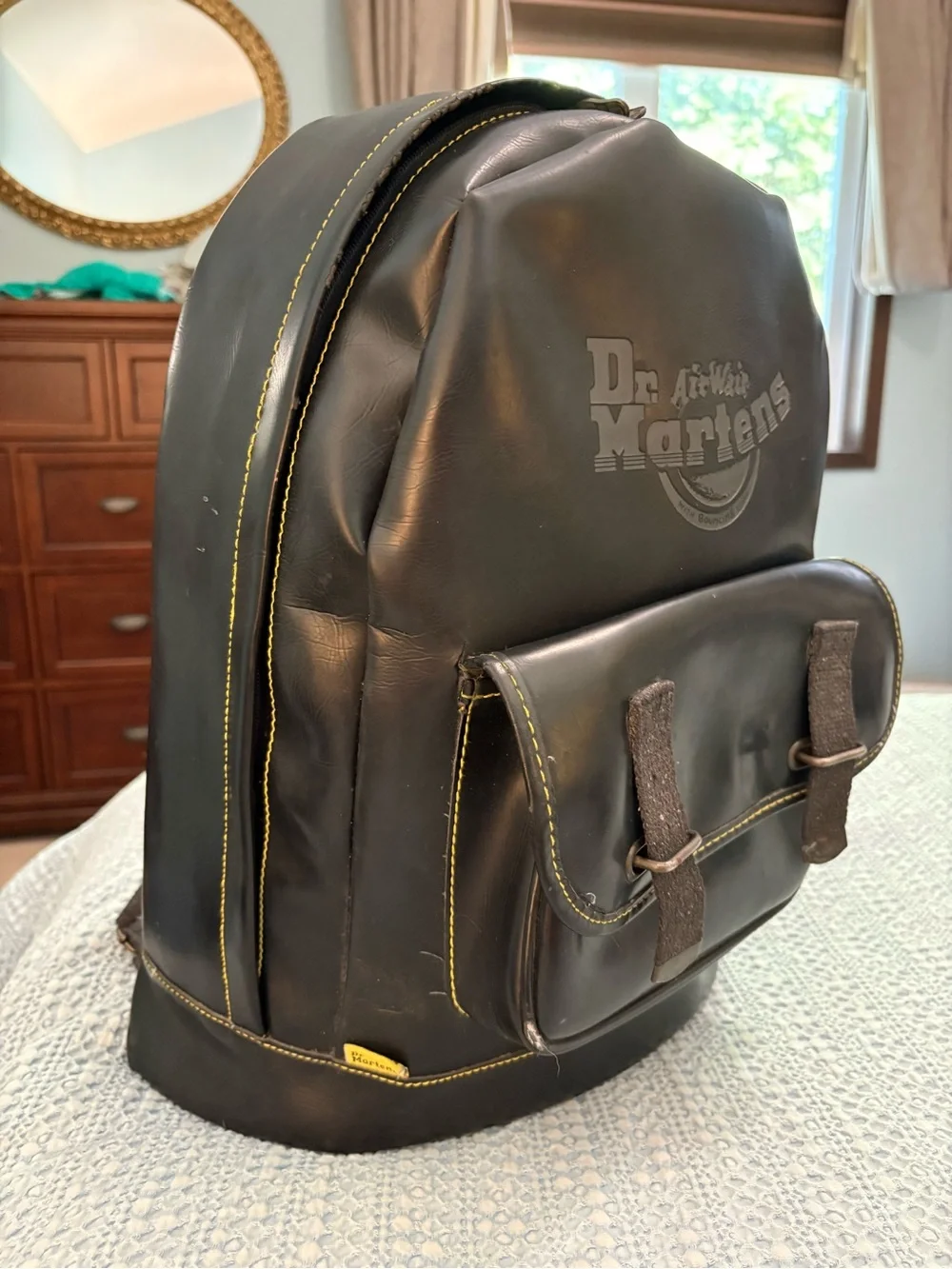 Rare Vintage Dr. Martens Black PVC Box Backpack Yellow Stitch Sole-Print Zipper